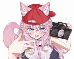  1girl animal_ear_fluff animal_ears baseball_cap blush boombox braid braided_bun chemical_structure embarrassed fang from_above hair_bun hair_ornament hakui_koyori hat highres holding_boombox hololive long_hair looking_at_viewer necktie nose_blush open_mouth pink_hair pink_nails pink_necktie pocket_watch purple_eyes shirt signature simple_background sleeveless sleeveless_shirt smile solo sweatdrop tail takion upper_body virtual_youtuber w watch white_background white_shirt wolf_ears wolf_girl wolf_tail 