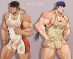  2boys bara blue_eyes blue_hair bodysuit bulge covered_penis crossover dark-skinned_male dark_skin english_commentary erection erection_under_clothes feet_out_of_frame fire_emblem fire_emblem:_radiant_dawn forked_eyebrows half-erect headband highres ike_(fire_emblem) looking_ahead male_focus multicolored_bodysuit multicolored_clothes multiple_boys pectoral_cleavage pectorals red_bodysuit ryu_(street_fighter) short_hair sidepec singlet street_fighter sweaty_clothes thick_eyebrows white_bodysuit wolfshirtart 