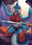  2023 anthro blue_body clothing digital_media_(artwork) dragon female friendship_is_magic hasbro hi_res holding_object horn looking_at_viewer margony my_little_pony princess_ember_(mlp) solo wings 