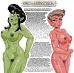  2012 barely_visible_genitalia black_hair brown_hair dungeons_and_dragons duo ear_piercing ear_ring english_text facial_scar female genitals glistening glistening_body green_body green_skin hair hands_on_hips hasbro hobgoblin humanoid looking_at_another looking_at_viewer nipples nude orc piercing pubes red_body red_skin ring_piercing scar simple_background style_wager tatto text tusks wizards_of_the_coast 