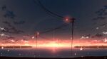  chinese_commentary cloud commentary_request highres horizon lens_flare light_particles no_humans ocean original outdoors power_lines rune_xiao scenery signature sky star_(sky) starry_sky still_life sun sunset utility_pole 