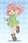  1girl blue_background blush brown_footwear curly_hair dress feather_hair_ornament feathers green_dress green_eyes hair_ornament jewelry kato-shun medium_hair open_mouth panel_de_pon pink_hair solo standing standing_on_one_leg windy_(panel_de_pon) 