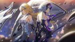  2girls armor armored_dress ass back banner bare_back bare_shoulders black_dress black_gloves black_thighhighs blonde_hair blurry breasts cowboy_shot depth_of_field dress elbow_gloves eyelashes fate_(series) flag floating_hair from_side gauntlets gloves grey_hair highres holding holding_weapon jeanne_d&#039;arc_(fate) jeanne_d&#039;arc_(ruler)_(fate) jeanne_d&#039;arc_(third_ascension)_(fate) jeanne_d&#039;arc_alter_(avenger)_(fate) jeanne_d&#039;arc_alter_(avenger)_(third_ascension)_(fate) jeanne_d&#039;arc_alter_(fate) long_hair looking_at_viewer looking_down maomaozi medium_breasts multiple_girls non-web_source outdoors parted_lips profile purple_eyes short_hair sideboob smile standing thighhighs torn_clothes torn_dress very_long_hair weapon white_dress yellow_eyes 
