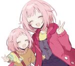  2girls aged_down atashi-tachi_no_happy_end_(project_sekai) blue_overalls blush closed_eyes hand_up jacket long_sleeves multiple_girls ootori_emu open_mouth overalls pink_hair pink_jacket pocket project_sekai qi7pi short_hair simple_background smile sweater time_paradox upper_body v white_background yellow_sweater 