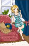  1girl blonde_hair blue_curtain blue_dress breasts cleavage couch daysdays dress fleur-de-lis food highres holding holding_food holding_pizza leaning_on_object non-web_source pizza purple_eyes tight_clothes tight_dress 