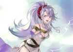  1girl :d arms_behind_back bare_shoulders belt breasts cleavage detached_sleeves dress fire_emblem fire_emblem:_genealogy_of_the_holy_war highres light_purple_hair long_hair looking_at_viewer open_mouth ponytail purple_eyes sidelocks signature smile solo suzuki_rika tailtiu_(fire_emblem) teeth upper_teeth_only 