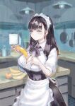  1girl apron banana black_hair blunt_bangs breasts cleavage food fruit frying_pan highres holding holding_food indoors kitchen large_breasts long_hair looking_at_viewer maid maid_apron maid_headdress nishi_yoshiyuki orange_(fruit) original plant potted_plant purple_eyes solo teapot window 