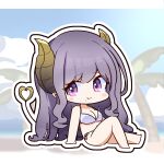  1girl beach bikini blue_sky blush breasts brown_horns chibi cleavage closed_mouth cloud commentary_request demon_girl demon_horns demon_tail full_body highres horns large_breasts long_hair looking_at_viewer mariooo medium_bangs nanashi_inc. ocean outdoors outline palm_tree purple_eyes purple_hair saionji_mary sidelocks sitting sky smile solo swimsuit tail tree very_long_hair virtual_youtuber white_bikini white_outline 