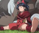  1girl barefoot black_hair bow cape closed_mouth foot_out_of_frame grass hair_bow han&#039;you_no_yashahime haruyama_kazunori inuyasha japanese_clothes long_hair moroha ponytail sleeping solo sword weapon 