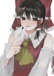  1girl absurdres ascot bare_shoulders black_eyes black_hair blush bow gotagotay hair_between_eyes hair_bow hair_tubes hakurei_reimu hand_up highres looking_to_the_side nostrils parted_lips red_bow red_vest simple_background solo touhou upper_body v vest white_background yellow_ascot 