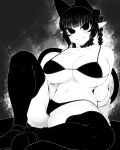  1girl animal_ears bikini blunt_bangs braid breasts cat_ears cat_girl cat_tail cleavage closed_mouth commentary curvy extra_ears full_body greyscale haseru_(ginku_mh) huge_breasts kaenbyou_rin looking_at_viewer medium_hair monochrome multiple_tails nekomata pointy_ears side_braids sidelocks smile solo swimsuit symbol-only_commentary tail thighhighs touhou twin_braids two_tails 