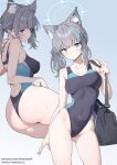  1girl animal_ear_fluff animal_ears ass bag bare_shoulders blue_archive blue_eyes blue_one-piece_swimsuit blush breasts collarbone covered_navel cross_hair_ornament duffel_bag extra_ears grey_hair hair_ornament halo highleg highleg_swimsuit highres looking_at_viewer medium_breasts medium_hair multicolored_clothes multicolored_swimsuit multiple_views one-piece_swimsuit shiroko_(blue_archive) shiroko_(swimsuit)_(blue_archive) short_ponytail sidelocks simao_(x_x36131422) swimsuit thighs wet wolf_ears 