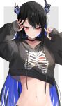  1girl black_choker black_hair black_hoodie blue_hair blush breasts choker closed_mouth colored_inner_hair crop_top crop_top_overhang cropped_hoodie demon_horns hands_up highres hololive hololive_english hood hoodie horns long_hair looking_at_viewer mole mole_under_eye multicolored_hair navel nerissa_ravencroft red_eyes shuuzo3 solo stomach two-tone_hair very_long_hair virtual_youtuber 