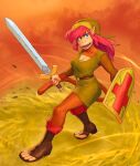  2022 5_fingers 5_toes abstract_background anthro belt blue_eyes boots breasts cleavage clothed clothing crossgender ear_piercing feet female fingers footwear hair haplorhine hat headgear headwear hi_res holding_object holding_shield holding_sword holding_weapon humanoid hylian link long_hair mammal master_sword melee_weapon monkey mtf_crossgender nintendo piercing prehensile_feet primate red_hair redustheriotact shield shonen_captain solo sword the_legend_of_zelda toeless_boots toeless_footwear toes triforce tunic weapon 