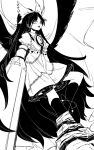  1girl atom bow cape collared_shirt greyscale hair_bow holding holding_weapon ichirugi long_hair monochrome reiuji_utsuho rocket_launcher shirt skirt solo touhou weapon wings 