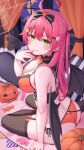  1girl :q absurdres ahoge ass bikini black_thighhighs bow bowtie breasts candy candy_wrapper cat_hair_ornament cleavage corset demon_tail demon_wings food ghost_hair_ornament green_eyes hair_bow hair_ornament halloween highres hololive jack-o&#039;-lantern large_breasts night nyan_(reinyan_007) orange_bikini orange_bow orange_bowtie pink_hair pumpkin sakura_miko silk sitting solo spider_web swimsuit tail thighhighs tongue tongue_out virtual_youtuber window wings yokozuwari 