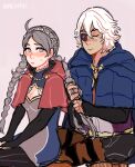  ahoge amelia_(magic16879) black_bridal_gauntlets braid braiding_hair brushing_another&#039;s_hair brushing_hair capelet father_and_daughter fire_emblem fire_emblem_fates grey_hair hairdressing hood hood_down hooded_capelet long_hair low_twin_braids niles_(fire_emblem) nina_(fire_emblem) parted_bangs red_capelet red_hood twin_braids white_hair 