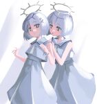  2girls absurdres behind_another blunt_ends bob_cut bright_pupils coeiroink commentary cropped_shirt dress feet_out_of_frame grey_dress grey_eyes grey_hair grey_sailor_collar grey_shirt hair_ornament halo hand_on_another&#039;s_shoulder hand_up hands_up highres hino_(mkmkobk) looking_at_viewer multiple_girls nako_(coeiroink) open_mouth parted_lips reco_(coeiroink) sailor_collar shirt short_hair siblings sleeveless sleeveless_dress sleeveless_shirt star_(symbol) star_hair_ornament twins white_pupils 