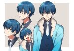  1boy blue_eyes blue_hair blue_jacket blue_vest closed_eyes closed_mouth collared_shirt commentary_request e.g.o_(project_moon) employee_(lobotomy_corporation) fur-trimmed_jacket fur_trim grey_shirt jacket lobotomy_corporation long_sleeves male_focus medu_(rubish) multiple_views open_clothes open_jacket open_mouth project_moon shirt short_hair smile teardrop_facial_mark translation_request vest 