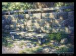  bench cobblestone copyright_name english_text fern grass no_humans ono_tomohiro original plant scenery shadow stone_bench stone_wall sunlight tree tree_shade wall 