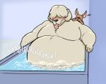  anthro bathtub beastars blush bubbleburps_(artist) canid canine canis collot_(beastars) covering_nose domestic_dog duo fart fart_bubbles fox fur hair hair_over_eyes herding_dog male male/male mammal old_english_sheepdog overweight overweight_male pastoral_dog sheepdog tan_body tan_fur tongue tongue_out voss_(beastars) 