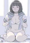  1girl bob_cut bra breasts brown_hair curvy dated glasses hadashi_no_kenji highres indoors large_breasts looking_at_viewer medium_hair navel open_clothes open_shirt panties school_uniform serafuku sitting socks solo underwear wariza white_bra white_panties white_socks 