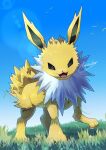  :d absurdres commentary_request day fangs from_below grass highres jolteon lens_flare looking_down no_humans open_mouth outdoors pokemon pokemon_(creature) signature sky smile solo standing tanpakuroom tongue 