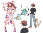  1boy 1girl :d alternate_costume black_shirt black_wristband breasts bright_pupils brown_eyes brown_hair bulbasaur charmander collarbone commentary_request grey_pants hat hat_ribbon leaf_(pokemon) long_hair multiple_views open_mouth pants pigeon-toed pink_ribbon pokemon pokemon_(creature) pokemon_(game) pokemon_frlg purple_footwear red_(pokemon) red_headwear ribbon s90jiiqo2xf0fk5 sarong shirt shoes short_hair short_sleeves sidelocks smile squirtle standing starter_pokemon_trio sun_hat t-shirt teeth toes tongue upper_teeth_only white_headwear white_pupils 