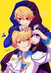  2boys absurdres arm_up ascot blonde_hair blue_jacket dual_persona frilled_sleeves frills hat highres jacket jester_cap long_sleeves multiple_boys notice_lines orange_eyes project_sekai red_eyes shirt simple_background smile taro14_tea ten_no_hate_no_phoenix_e_(project_sekai) tenma_tsukasa upper_body white_ascot white_jacket white_shirt wing_collar yellow_background 