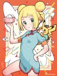  1girl alternate_costume blonde_hair blunt_bangs blush border braid clothed_pokemon commentary_request double_bun dress eyelashes green_eyes hair_bun hand_on_own_hip highres holding kinocopro leg_up lillie_(pokemon) looking_at_viewer on_shoulder orange_border parted_lips pikachu pokemon pokemon_(creature) pokemon_(game) pokemon_on_shoulder pokemon_sm short_dress short_hair short_sleeves solo twitter_username watermark 