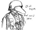  anthro armor binoculars black_and_white clothing covered_eyes dialogue english_text green_(snoot_game) headgear helmet loss male meme military_jacket military_uniform monochrome pterodactylus pterosaur reptile scalie schutzstaffel sketch snoot_game snout solo stahlhelm text uniform unknown_artist 