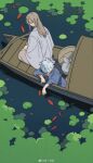  2boys boat brown_eyes brown_hair child fish from_above gintama haori japanese_clothes kimono lake light_brown_hair lily_pad long_hair looking_back male_child male_focus multiple_boys nature sakata_gintoki smile water watercraft white_hair yoshida_shouyou ziyizhengjun 