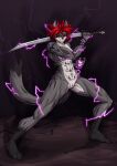  2023 abs absurd_res anthro biceps bone breasts cel_shading chromatic_aberration claws digital_drawing_(artwork) digital_media_(artwork) domestic_cat elwyna_(za-owl) felid feline felis female film_grain genitals hair hi_res holding_object holding_sword holding_weapon looking_at_viewer magic mammal markings melee_weapon muscular muscular_female nude pupils purple_eyes pussy red_hair shaded simple_background skull slit_pupils smile solo sparks standing sword weapon za-owl 