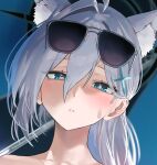  1girl animal_ear_fluff animal_ears blue_archive blue_eyes completely_nude cross cross_hair_ornament extra_ears grey_hair hair_ornament heart heart-shaped_pupils inverted_cross kazane-wind nude parted_lips shiroko_(blue_archive) shiroko_terror_(blue_archive) sunglasses symbol-shaped_pupils umbrella white_hair wolf_ears 