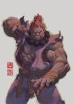  1boy akuma_(street_fighter) clenched_teeth dark-skinned_male dark_skin dougi fighting_stance frown grey_background japanese_clothes looking_at_viewer male_focus muscular muscular_male no_pupils pectorals ponytail red_hair simple_background sleeveless solo street_fighter teeth torn_clothes torn_sleeves veins will_murai yellow_eyes 