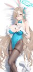  1girl absurdres animal_ears asuna_(blue_archive) asuna_(bunny)_(blue_archive) between_breasts black_pantyhose blue_archive blue_bow blue_bowtie blue_eyes blue_leotard bow bowtie breasts brown_hair cirilla_lin detached_collar explosive fake_animal_ears feet_out_of_frame gloves grenade grin halo hands_on_own_chest highres large_breasts leotard long_hair looking_at_viewer mole mole_on_breast on_bed pantyhose playboy_bunny rabbit_ears smile solo strapless strapless_leotard thighband_pantyhose very_long_hair white_gloves 