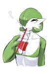  2023 absurd_res beverage container cup gardevoir generation_3_pokemon green_body hi_res holding_container holding_cup holding_object humanoid male menyang nintendo nipple_outline pokemon pokemon_(species) pupils question_mark red_body simple_background small_pupils solo white_background white_body 