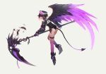  1girl :d absurdres armor ass belt black_hair chain commentary copyright_request cuffs demon_tail dpin_(user_adhr8855) english_commentary fang feathered_wings from_behind gauntlets grey_background handcuffs hat high_heels highres leaning_forward looking_at_viewer looking_back multicolored_hair open_mouth orange_eyes pink_hair purple_hair scythe short_hair simple_background single_wing smile solo tail thigh_strap wings 
