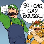  2boys bara bowser brown_hair crying english_text facial_hair feet_out_of_frame furry furry_male hands_up highres luigi male_focus mario_(series) multiple_boys muscular muscular_male mustache outstretched_hand racesolar reaching_towards_viewer running sad short_hair sparkle speech_bubble tearing_up yaoi 