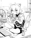  1girl absurdres ahoge animal_ear_fluff animal_ears bag blush book bookshelf bowl box brand_name_imitation can chopsticks cup_ramen eating electric_fan figure food greyscale highres holding holding_bowl holding_chopsticks hood hood_down hoodie indian_style indoors keyboard_(computer) long_sleeves monochrome monster_energy mouse_ears mouse_girl mouse_tail noodles original perl_(vertigris) shirt shopping_bag short_hair shorts sitting socks solo sweatdrop tail vertigris 