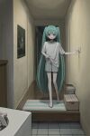  1girl aqua_eyes aqua_hair barefoot blush commentary_request floor_tiles full_body grey_shorts hair_between_eyes hatsune_miku highres indoors long_hair open_mouth sakiika0513 shirt shorts solo standing twintails very_long_hair vocaloid white_shirt wooden_floor 