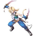  1boy aqua_vest ascot bare_shoulders belt black_gloves blonde_hair blue_pants boots crazy02oekaki dagger dual_wielding fighting_stance final_fantasy final_fantasy_ix full_body gloves grey_eyes grey_footwear grin highres holding holding_dagger holding_knife holding_weapon knife looking_at_viewer low_ponytail male_focus monkey_tail multiple_belts pants shirt short_hair_with_long_locks signature smile solo tail teeth weapon white_ascot white_background white_shirt wrist_cuffs zidane_tribal 