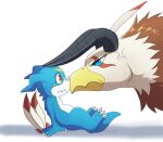  angry anthro aquilamon avian bandai_namco beak bird blue_body cross-popping_vein digimon digimon_(species) duo feral hi_res horn male red_eyes scalie thatsquirrelly veemon 