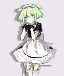  1boy absurdres alternate_costume alternate_hairstyle apron artist_name back_bow black_dress black_ribbon blush bow crossdressing dress earrings feet_out_of_frame green_hair grey_background highres instanttnoodle jewelry lio_fotia looking_at_viewer maid maid_headdress male_focus otoko_no_ko planted promare puffy_short_sleeves puffy_sleeves purple_eyes ribbon shadow short_hair short_sleeves sidelocks simple_background single_earring socks solo standing triangle_earrings two_side_up waist_apron white_apron white_socks 