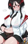  ... 1girl artist_self-insert belly belly_grab belt black_hair blush bra_visible_through_clothes breasts collared_shirt dress_shirt glasses grabbing hair_between_eyes highres huge_breasts jacket kashu_(hizake) long_sleeves navel necktie open_mouth original pinching plump red_eyes see-through see-through_shirt shirt short_hair_with_long_locks sidelocks simple_background skirt solo speech_bubble spoken_ellipsis thighs weight_conscious white_shirt 