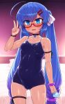  1girl ahoge ass_visible_through_thighs bed bell black_choker blue_eyes blue_hair blush bow breasts cameltoe choker collarbone fang glasses hair_between_eyes hair_bow hand_up highres indoors long_hair looking_at_viewer neck_bell null_(nyanpyoun) one-piece_swimsuit open_mouth otomachi_una red-framed_eyewear school_swimsuit semi-rimless_eyewear skin_fang small_breasts solo standing striped striped_bow swimsuit thigh_strap twintails v very_long_hair vocaloid white_bow 
