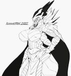  2022 4_arms alien alien_humanoid alternate_breast_size armor big_breasts biped black_and_white bottomwear breasts butt cape claws clothing cross-hatching dated destiny_(video_game) eliksni empty_eyes eramis female flat_chested hand_on_hip hand_on_leg hand_on_thigh hatching_(art) headgear helmet huge_breasts humanoid line_art loincloth looking_away mask monochrome multi_arm multi_limb nipple_outline not_furry portrait pose runawaystride shaded side_view signature simple_background simple_shading solo spiked_armor spikes standing thick_thighs three-quarter_portrait white_background wide_hips 
