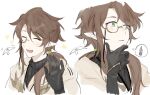  +++ 1boy :d arin_(huarin1216) asymmetrical_hair black_gloves black_sweater bottle brown_hair clamor_(elsword) closed_eyes closed_mouth elsword gloves green_eyes hair_over_shoulder hand_on_own_chin hand_up hood hood_down light_blush monocle multiple_views open_mouth pointy_ears ponytail sake_bottle simple_background smile spoken_object sweater thought_bubble turtleneck turtleneck_sweater white_background 