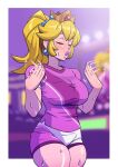  1girl blonde_hair blurry blurry_background blush border breasts closed_eyes crown dripping fanning_self gigaslime hair_ornament hair_scrunchie highres large_breasts lips mario mario_(series) mario_strikers motion_blur parted_lips ponytail princess_peach scrunchie shiny_skin short_shorts short_sleeves shorts sidelocks soccer_uniform sportswear sweat thick_thighs thighs white_border 