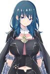  1girl absurdres armlet blue_eyes blue_hair bodice breasts bustier byleth_(female)_(fire_emblem) byleth_(fire_emblem) cape clothing_cutout fire_emblem fire_emblem:_three_houses highres large_breasts latte light_green_hair navel_cutout ribbon_braid solo tassel turtleneck vambraces 